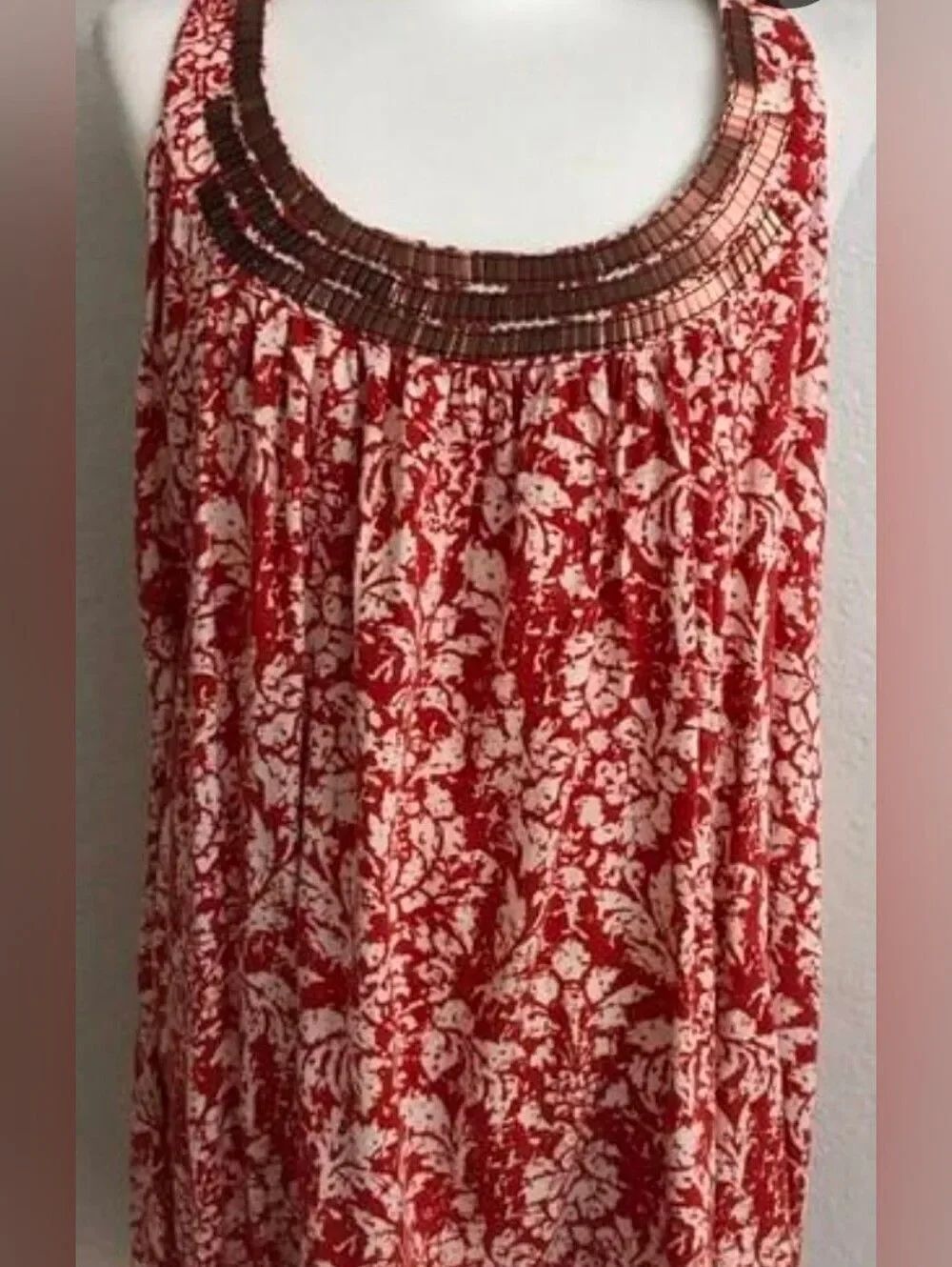 Elle L Red White Floral Batik Copper Colored Accent Print Women Halter Tank Top